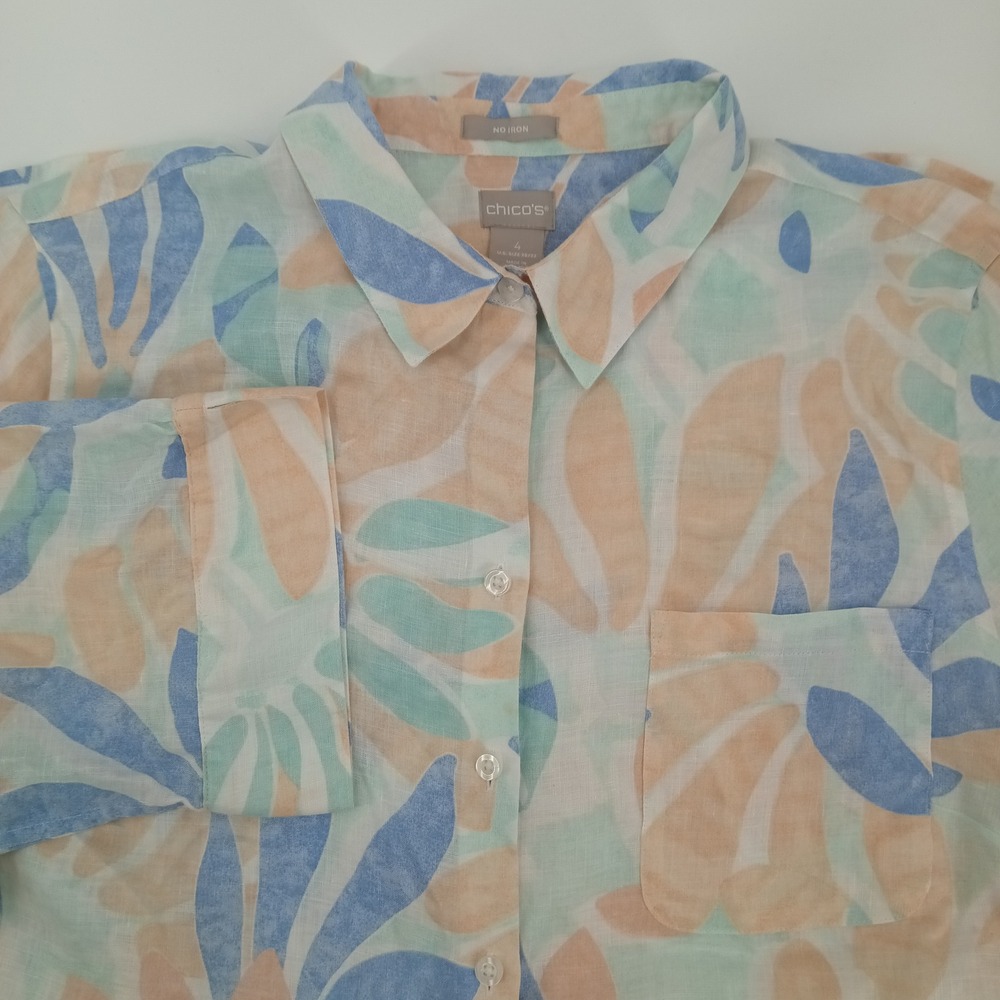 Chicos No Iron Linen Button Down size 4 2X Abstract Leaf Print 3/4 Sleeve